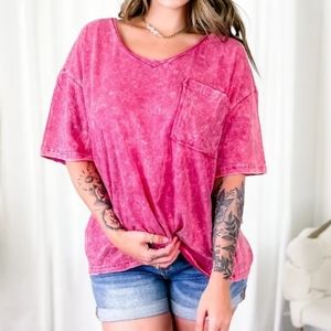 Zenana Acid Wash Oversized Front Pocket Boyfriend V Neck Tee